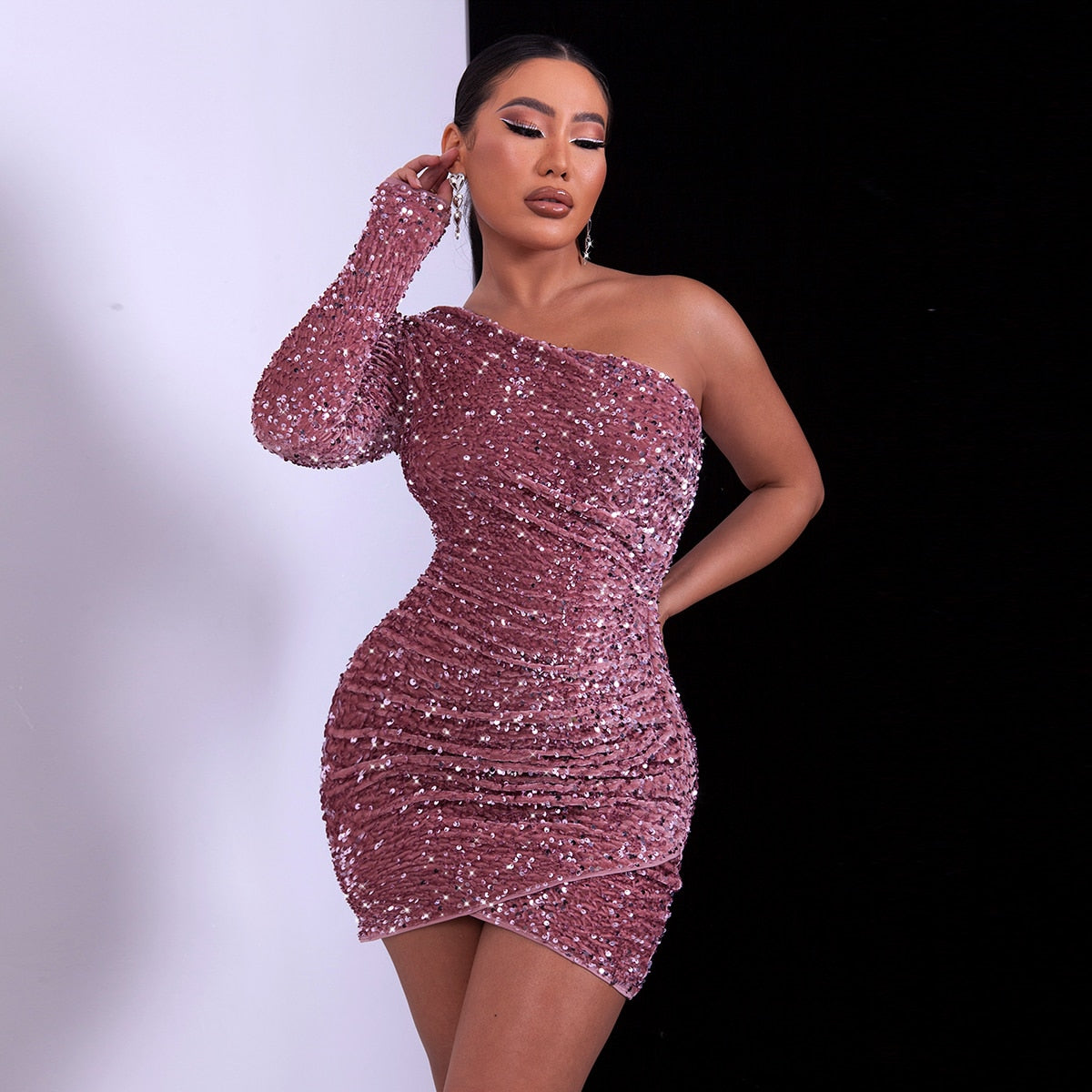 Elegant Dress Black One Shoulder Sexy Cocktail Dress Summer Dress Fashion Irregular Sleeveless Sequin Dress For Party