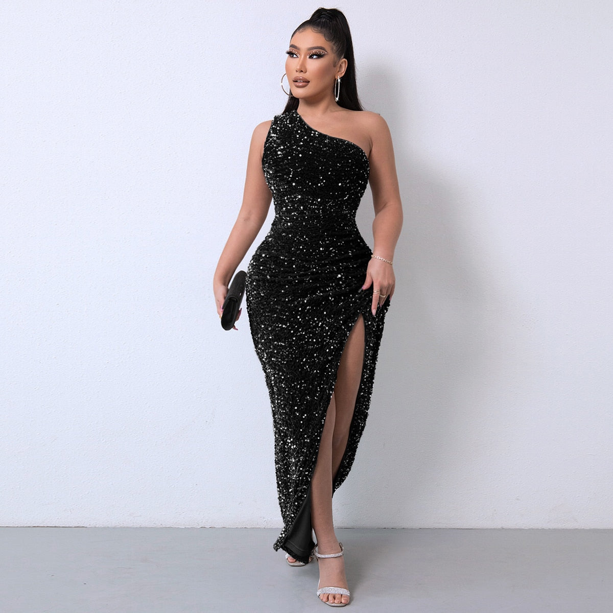 Elegant Dress Black One Shoulder Sexy Cocktail Dress Summer Dress Fashion Irregular Sleeveless Sequin Dress For Party