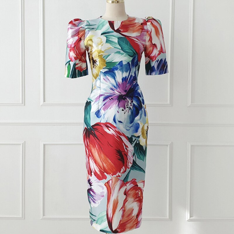 Elegant Office Women Dress Vintage Floral O-Neck Short Sleeve Slit Slim Midi Club Robe Femme Ladies Vestidos Ropa Mujer Verano