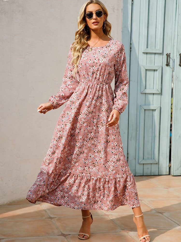 Elegant Floral Print Women Dress Spring Summer Casual O Neck Long Sleeve Chiffon A Line Long Maxi Dress Party Vestidos
