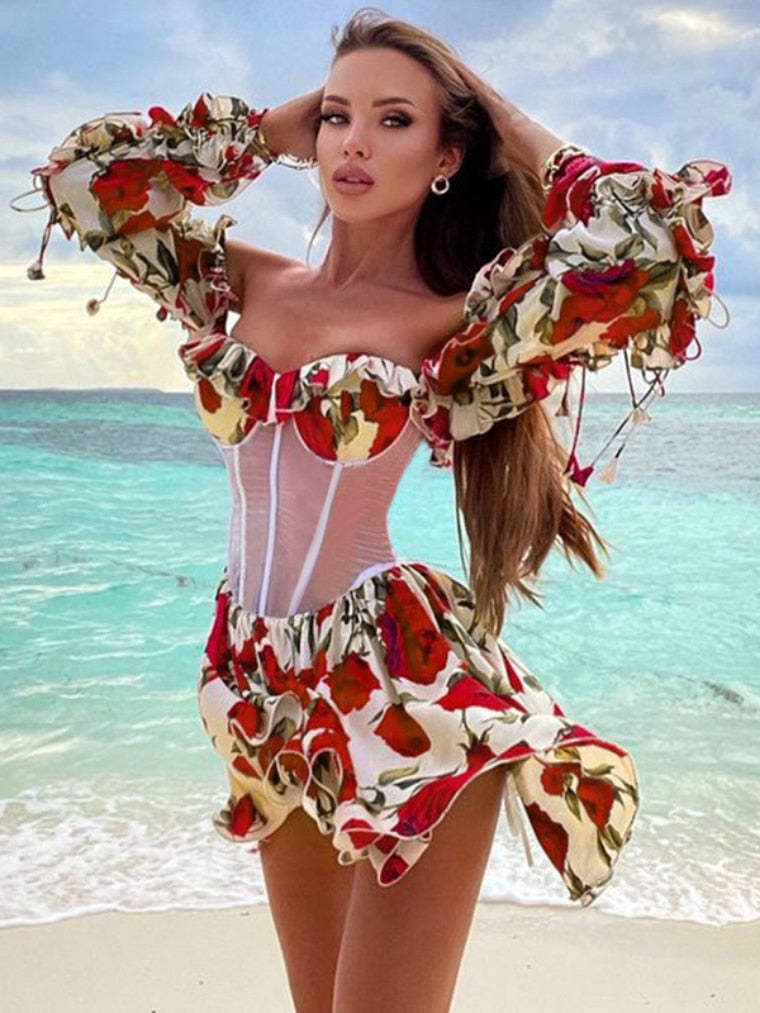 Elegant Flower Printed Corset Dress Holiday Beach Streetwear Y2K 2023 Sexy High Waist See-through Mesh Patchwork Short Dresses