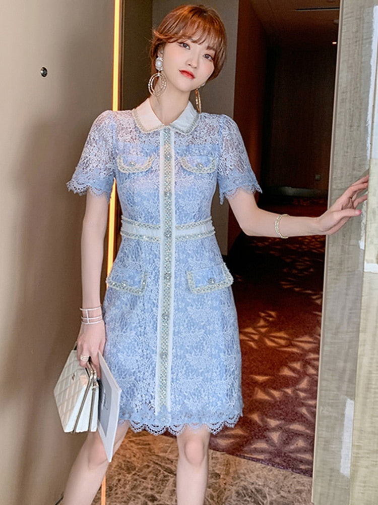 Elegant Dress Women Summer Sheer Lace Floral Short Sleeve Club Mini Gown High Quality Glitter Sequin Ladies Femme Mujer Vestidos