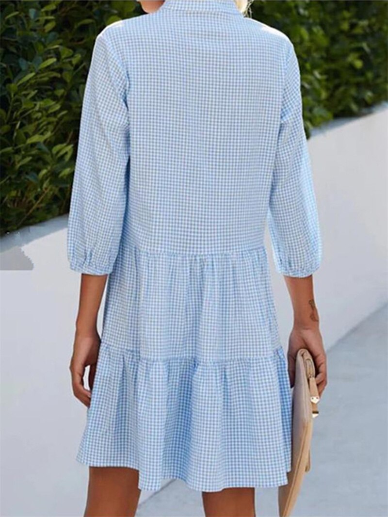 Elegant Commuter Plaid Print Dresses Women Stand-up Collar Single Breasted Cardigan Dressy Female Three Segment Half Sleeve Gown