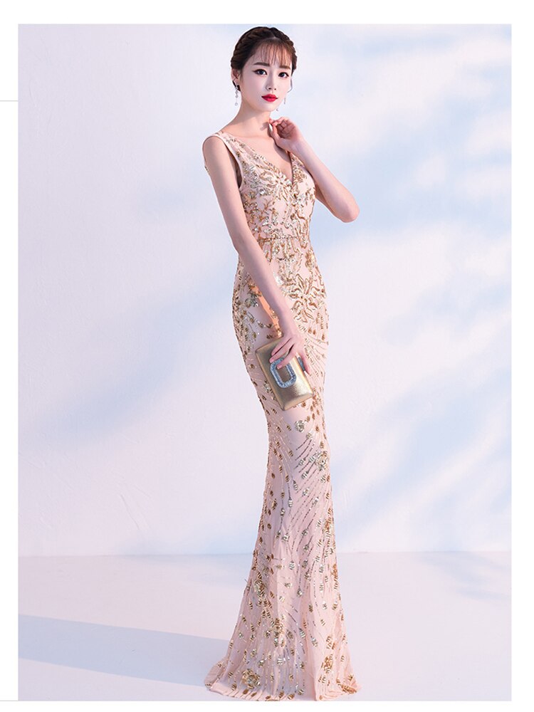 Elegant Mermaid Evening Dress Sleeveless Sequins Robe De Soriee V-neck Tulle Prom Gown Beads Formal Dress New 2023