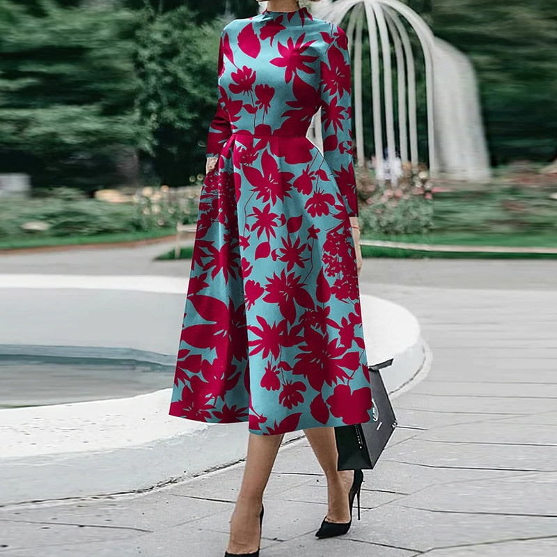 Elegant O Neck Office Midi Dress Fashion Colorful Print Waist Slim Party Dress Women Casual Long Sleeve Pocket Hem Boho Dresses
