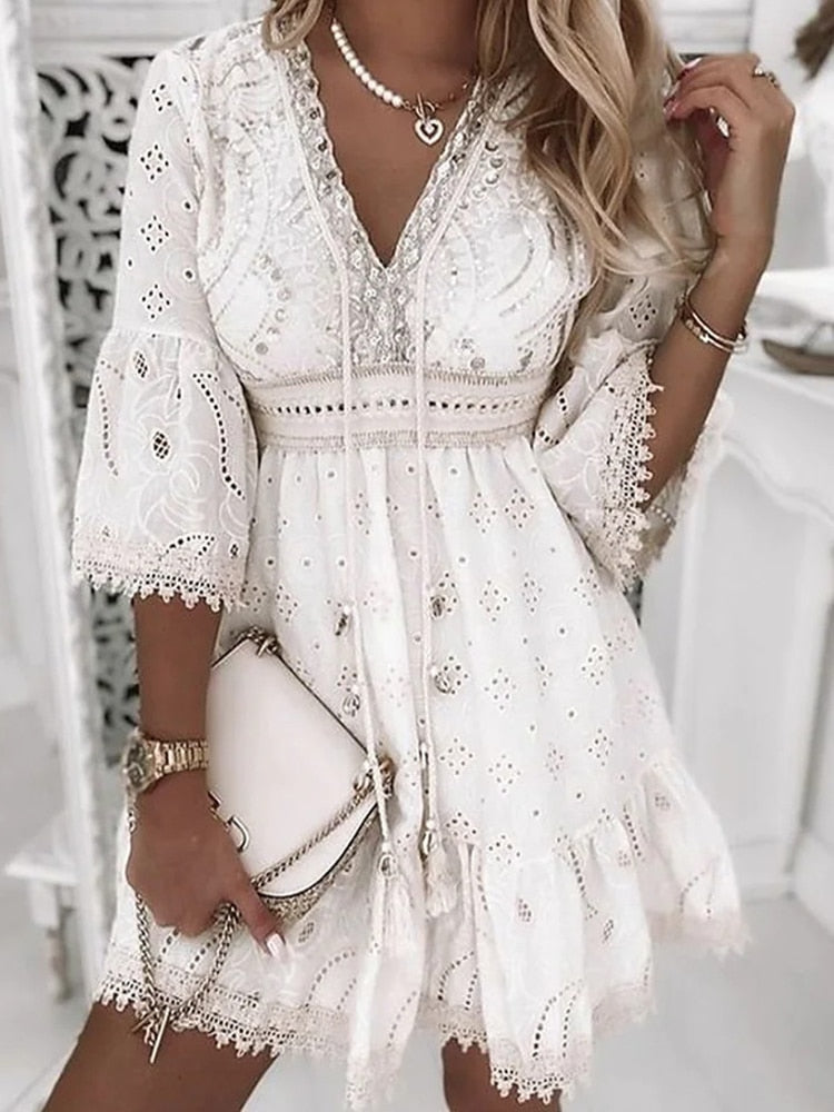 Elegant Lace Mini Dress Women Three Quarter Sleeve Dress Female V Neck Patchwork Lace Up Dress Ladies Vacation Beach Dress