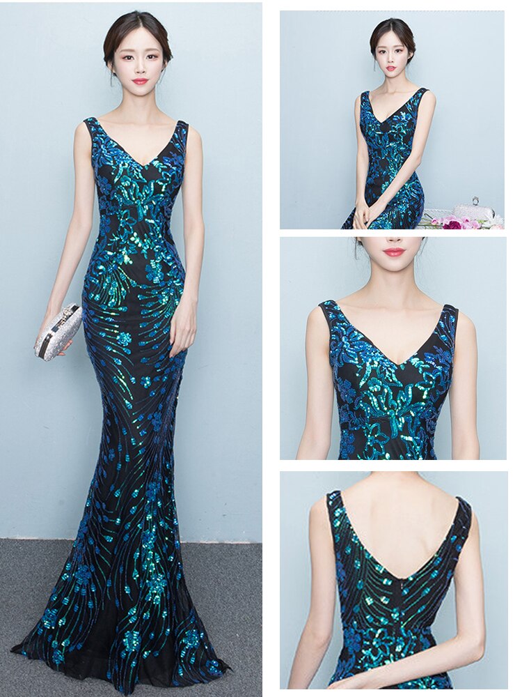 Elegant Mermaid Evening Dress Sleeveless Sequins Robe De Soriee V-neck Tulle Prom Gown Beads Formal Dress New 2023