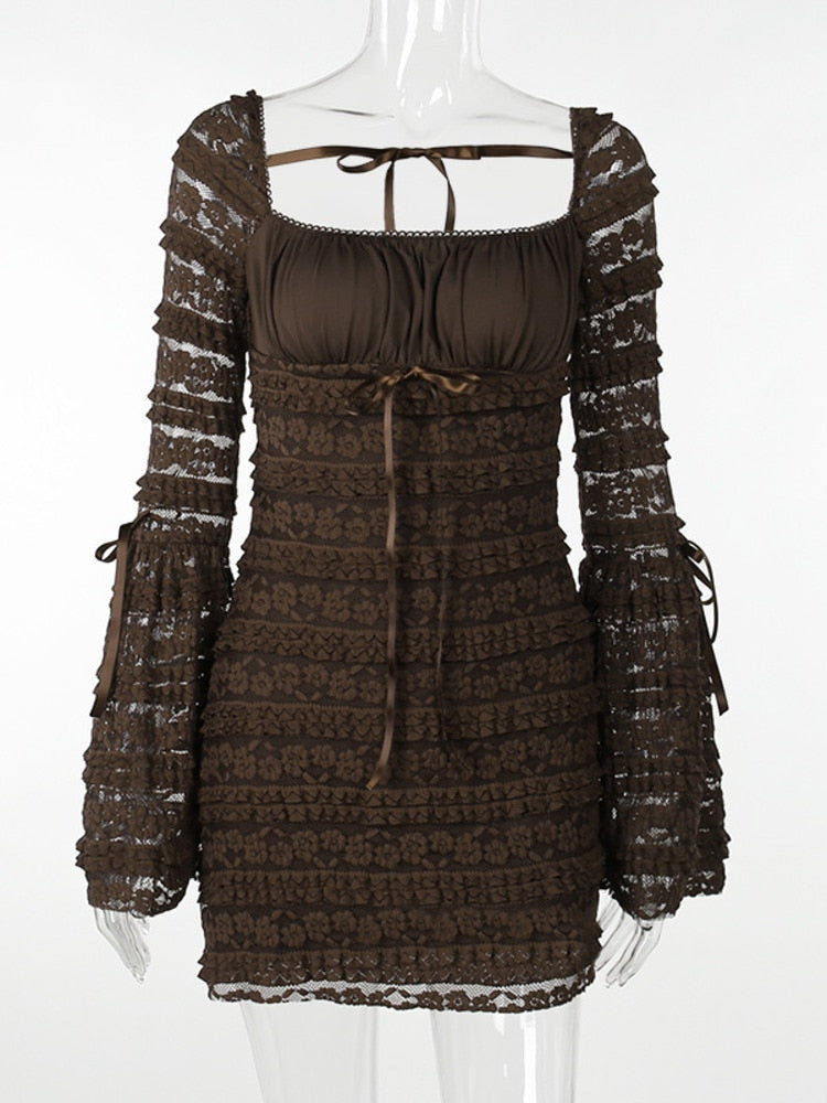 Elegant Multilayer Lace Backless Mini Dress Women Brown Square Collar Long Flare Sleeve Club Party Sexy Dress Autumn