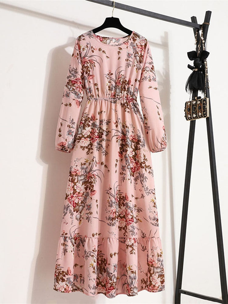 Elegant Floral Print Women Dress Spring Summer Casual O Neck Long Sleeve Chiffon A Line Long Maxi Dress Party Vestidos