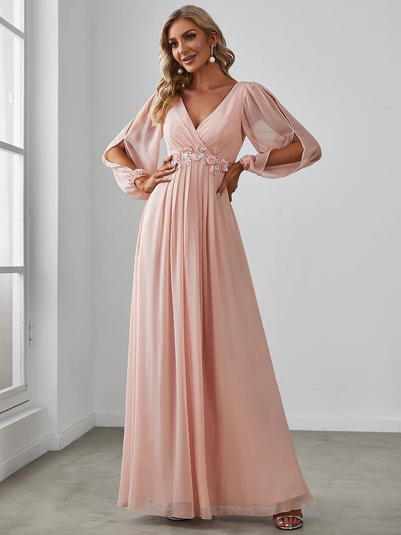 Elegant Evening Dresses Long Lantern Sleeves V-neck 2023 ever pretty of A-LINE Chiffon Burgundy flower beltbelt Prom Dress Women