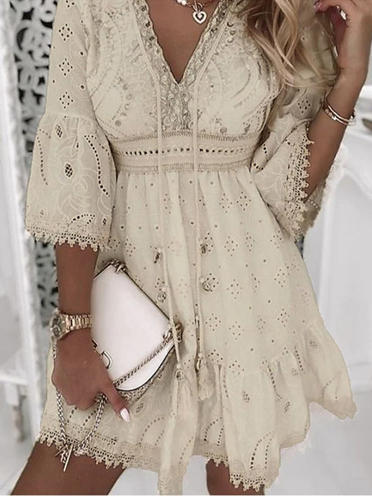 Elegant Lace Mini Dress Women Three Quarter Sleeve Dress Female V Neck Patchwork Lace Up Dress Ladies Vacation Beach Dress