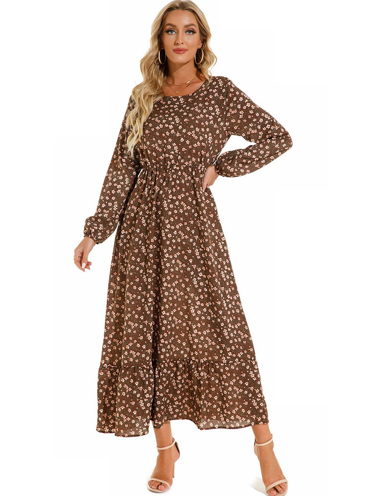Elegant Floral Print Women Dress Spring Summer Casual O Neck Long Sleeve Chiffon A Line Long Maxi Dress Party Vestidos