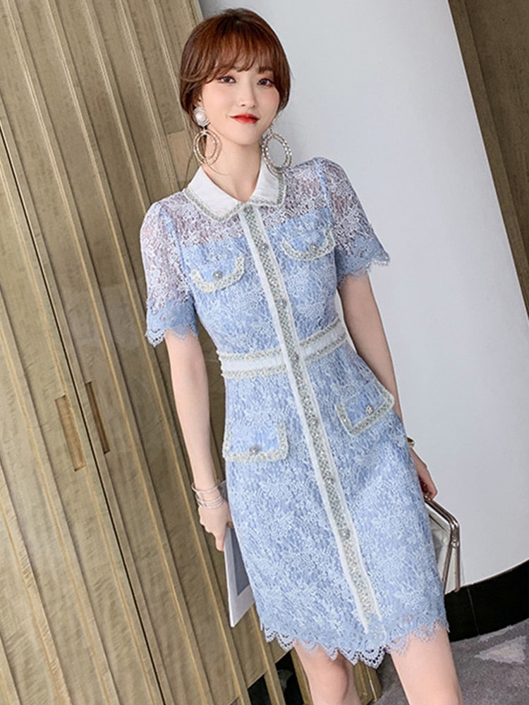 Elegant Dress Women Summer Sheer Lace Floral Short Sleeve Club Mini Gown High Quality Glitter Sequin Ladies Femme Mujer Vestidos