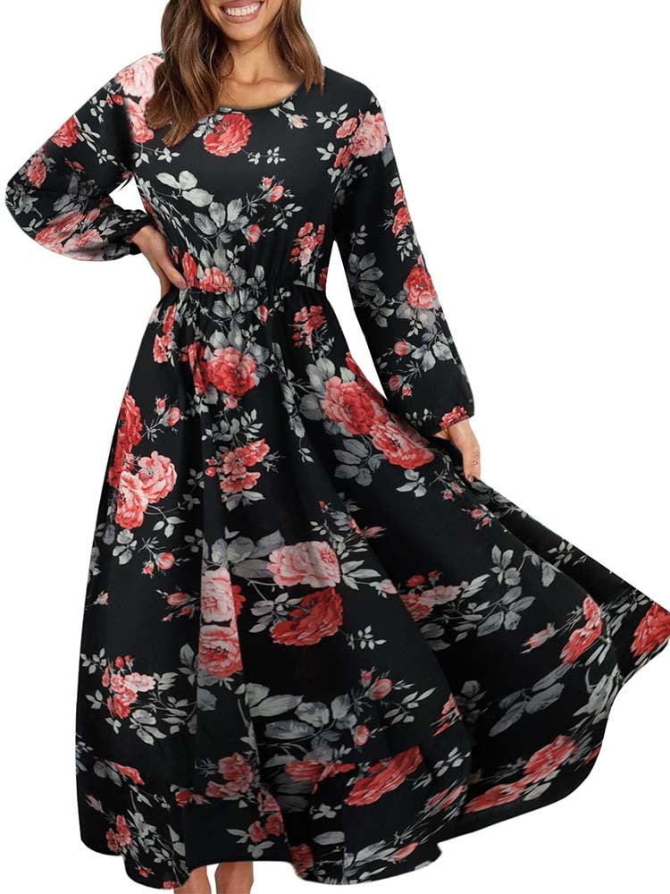 Elegant Floral Print Women Dress Spring Summer Casual O Neck Long Sleeve Chiffon A Line Long Maxi Dress Party Vestidos