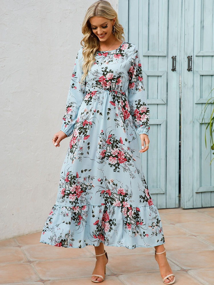 Elegant Floral Print Women Dress Spring Summer Casual O Neck Long Sleeve Chiffon A Line Long Maxi Dress Party Vestidos