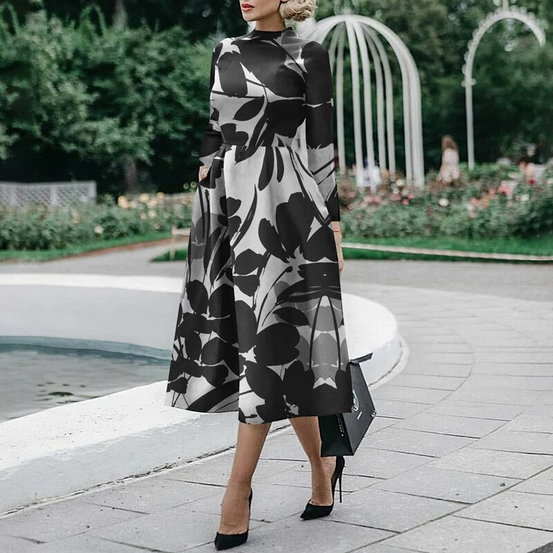 Elegant O Neck Office Midi Dress Fashion Colorful Print Waist Slim Party Dress Women Casual Long Sleeve Pocket Hem Boho Dresses
