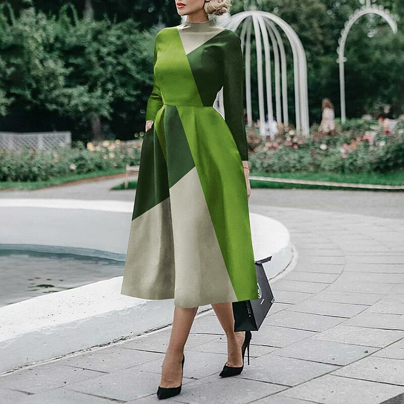 Elegant O Neck Office Midi Dress Fashion Colorful Print Waist Slim Party Dress Women Casual Long Sleeve Pocket Hem Boho Dresses