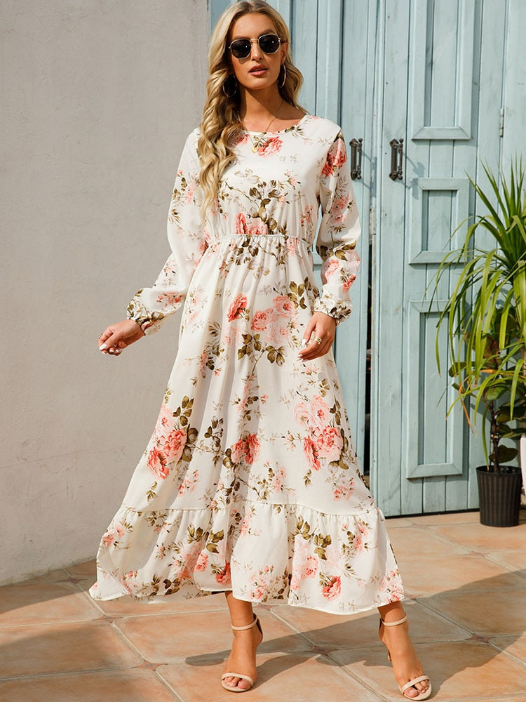 Elegant Floral Print Women Dress Spring Summer Casual O Neck Long Sleeve Chiffon A Line Long Maxi Dress Party Vestidos