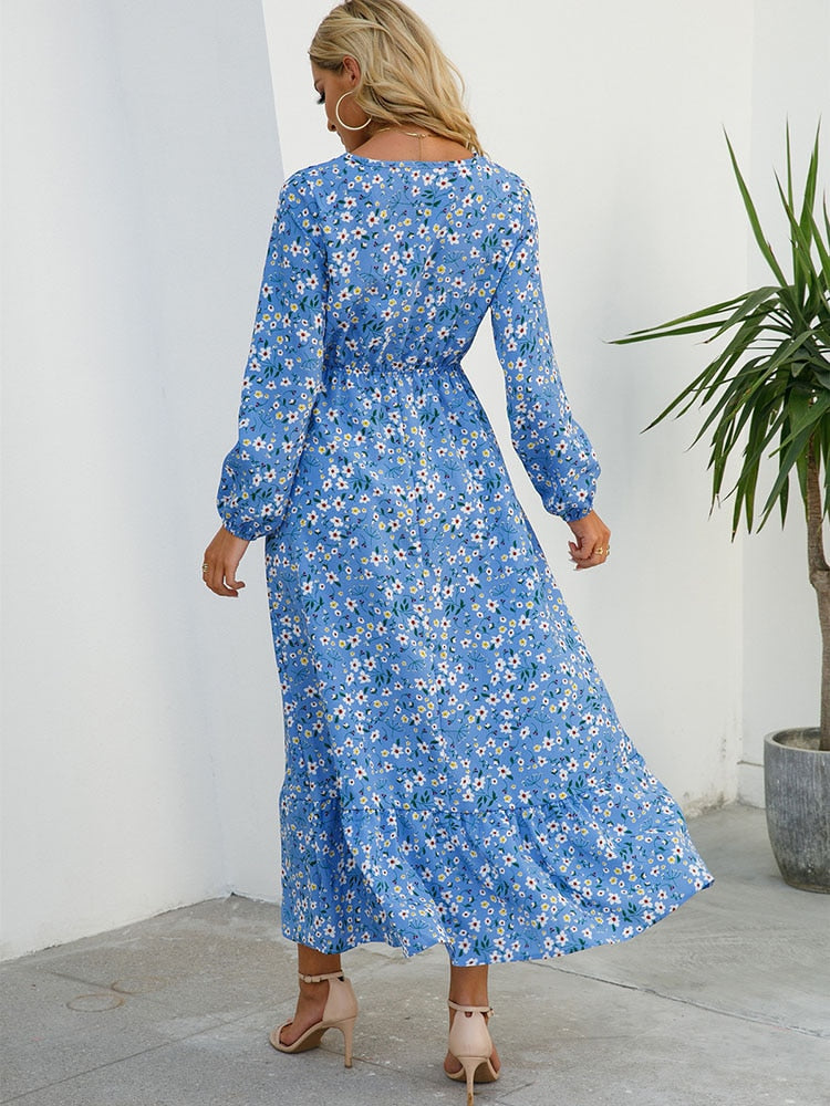 Elegant Floral Print Women Dress Spring Summer Casual O Neck Long Sleeve Chiffon A Line Long Maxi Dress Party Vestidos