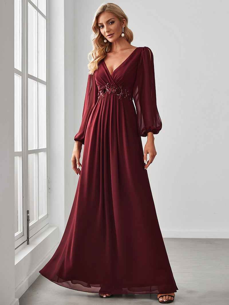 Elegant Evening Dresses Long Lantern Sleeves V-neck 2023 ever pretty of A-LINE Chiffon Burgundy flower beltbelt Prom Dress Women