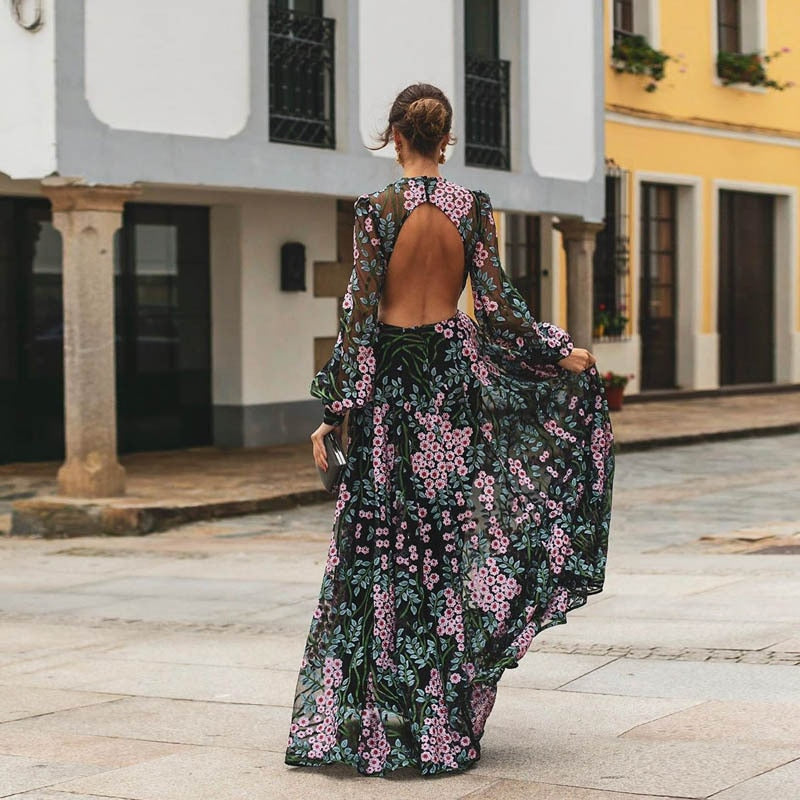 Elegant Maxi Dress 2023 Spring Summer Women&#39;s Clothes Sexy Backless Slim Print Dress Outfits For Women Vestidos