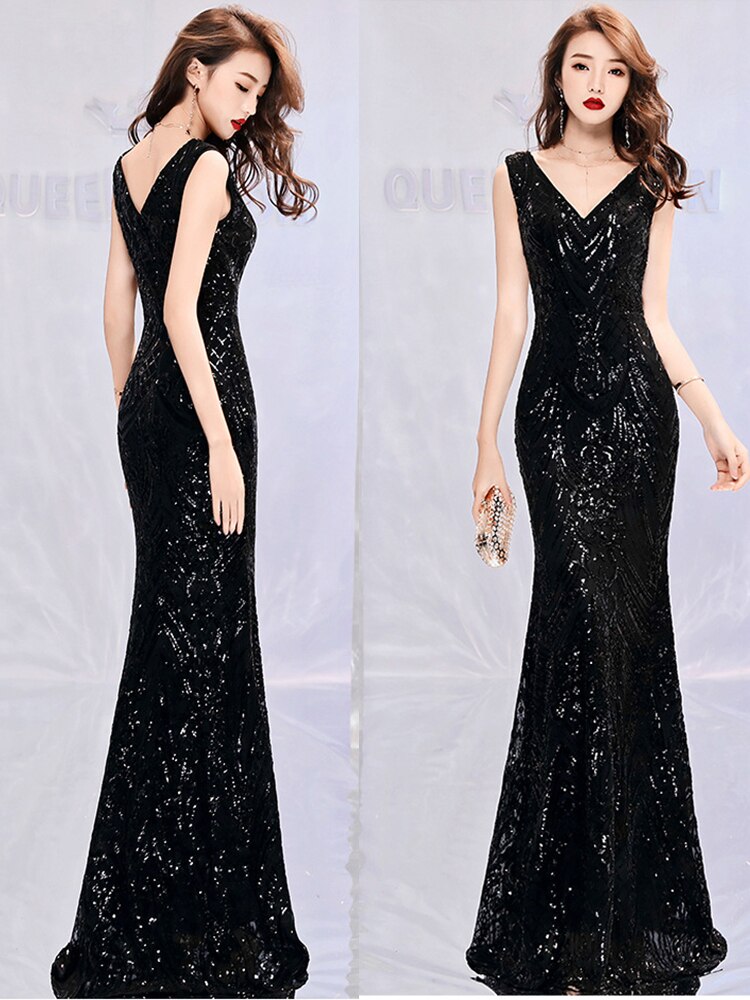 Elegant Mermaid Evening Dress Sleeveless Sequins Robe De Soriee V-neck Tulle Prom Gown Beads Formal Dress New 2023