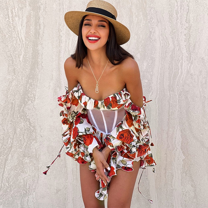 Elegant Flower Printed Corset Dress Holiday Beach Streetwear Y2K 2023 Sexy High Waist See-through Mesh Patchwork Short Dresses