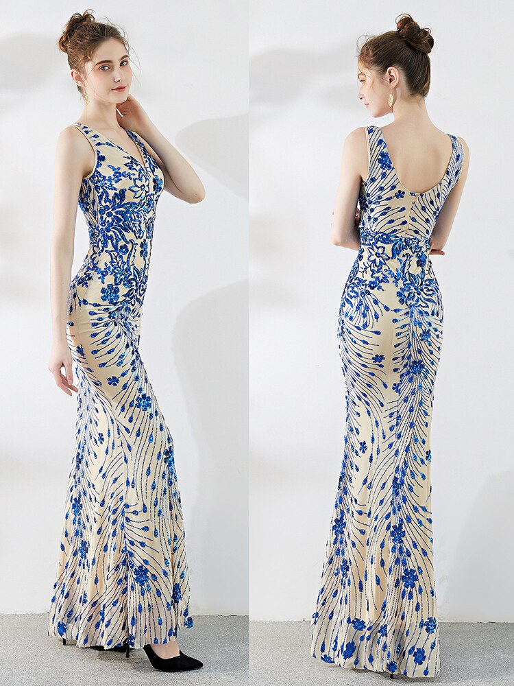 Elegant Mermaid Evening Dress Sleeveless Sequins Robe De Soriee V-neck Tulle Prom Gown Beads Formal Dress New 2023