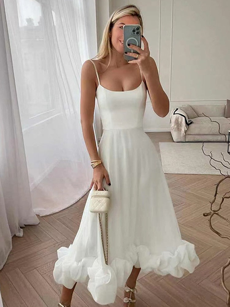 Elegant Curved Hem Dress Women Midi Fashion Floral Large Swing Slip Female A-line Dresses 2023 Summer Backless Party Lady Robe