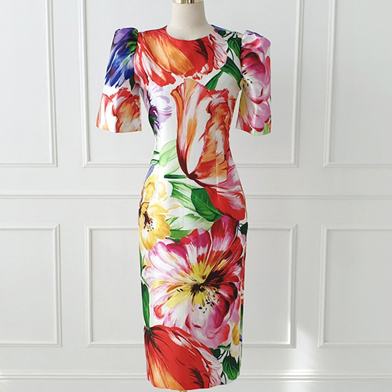 Elegant Office Women Dress Vintage Floral O-Neck Short Sleeve Slit Slim Midi Club Robe Femme Ladies Vestidos Ropa Mujer Verano