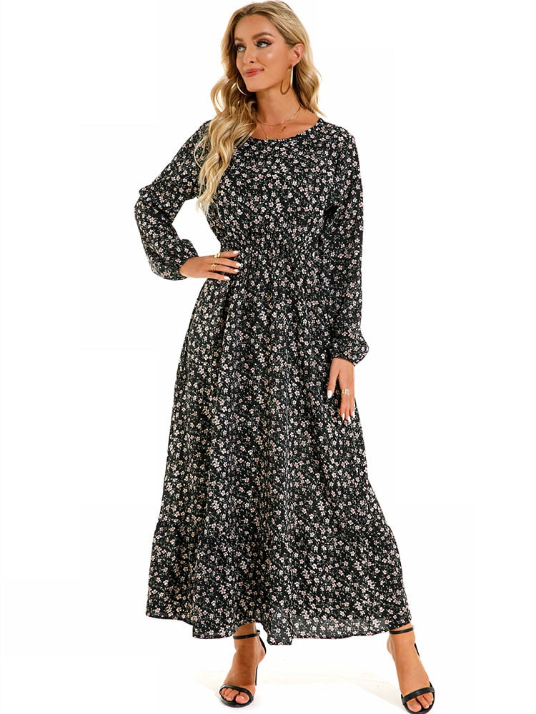 Elegant Floral Print Women Dress Spring Summer Casual O Neck Long Sleeve Chiffon A Line Long Maxi Dress Party Vestidos