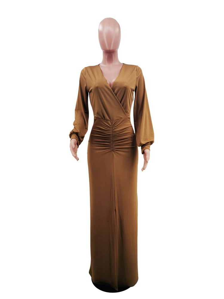 Elegant Evening Dresses Long Patry Gown Sexy Deep V Long Sleeve Mermaid Bodycon Split Maxi Robe Femme