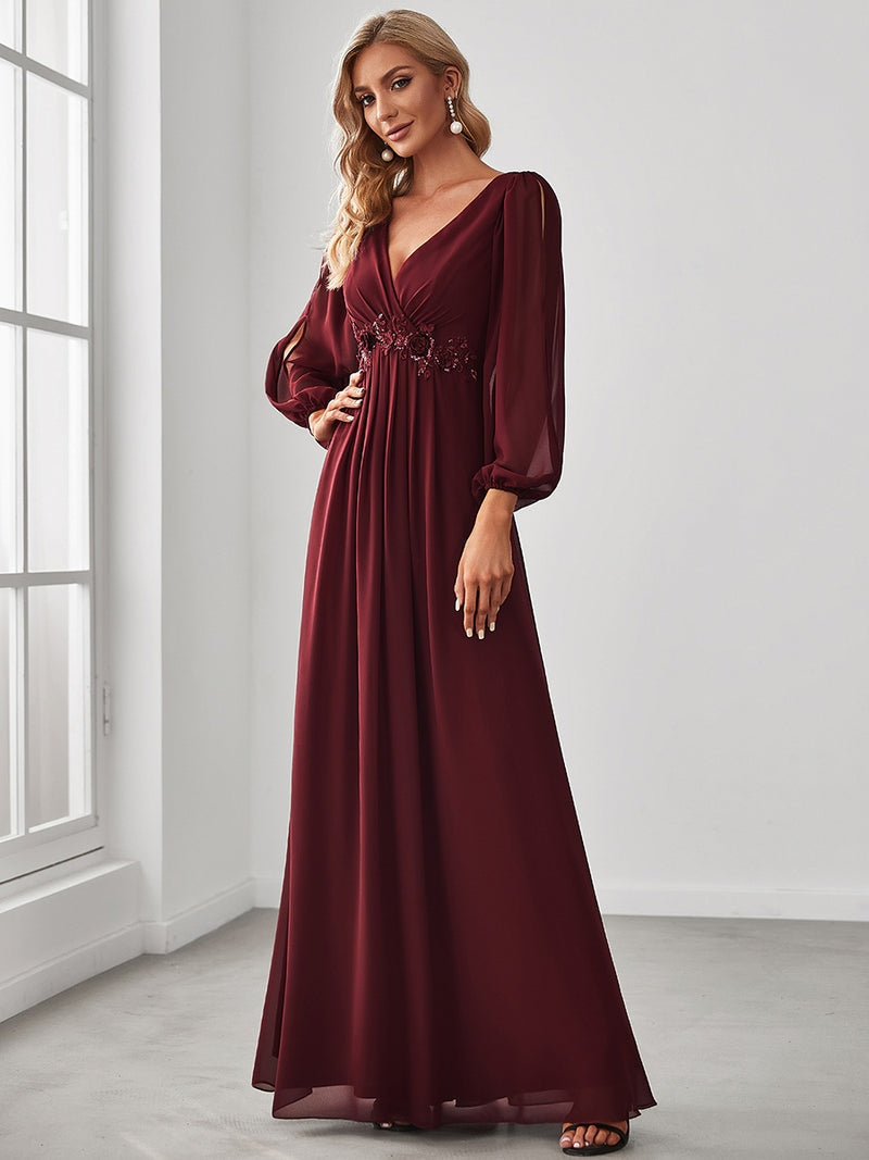 Elegant Evening Dresses Long Lantern Sleeves V-neck 2023 ever pretty of A-LINE Chiffon Burgundy flower beltbelt Prom Dress Women