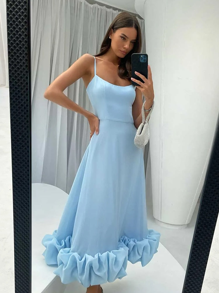 Elegant Curved Hem Dress Women Midi Fashion Floral Large Swing Slip Female A-line Dresses 2023 Summer Backless Party Lady Robe