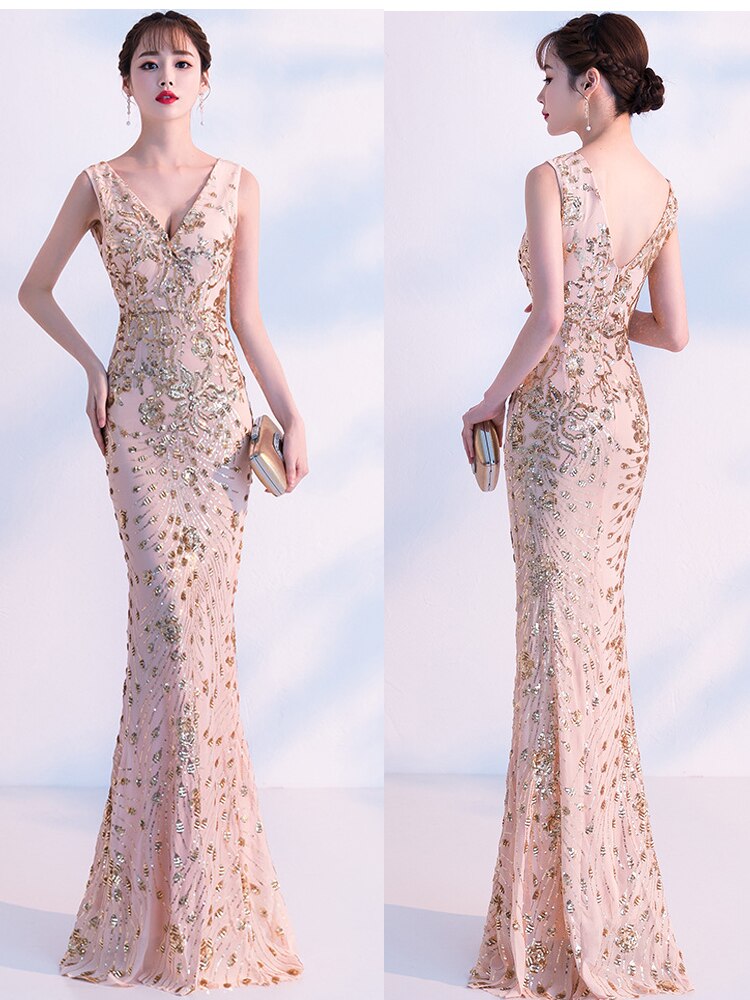 Elegant Mermaid Evening Dress Sleeveless Sequins Robe De Soriee V-neck Tulle Prom Gown Beads Formal Dress New 2023