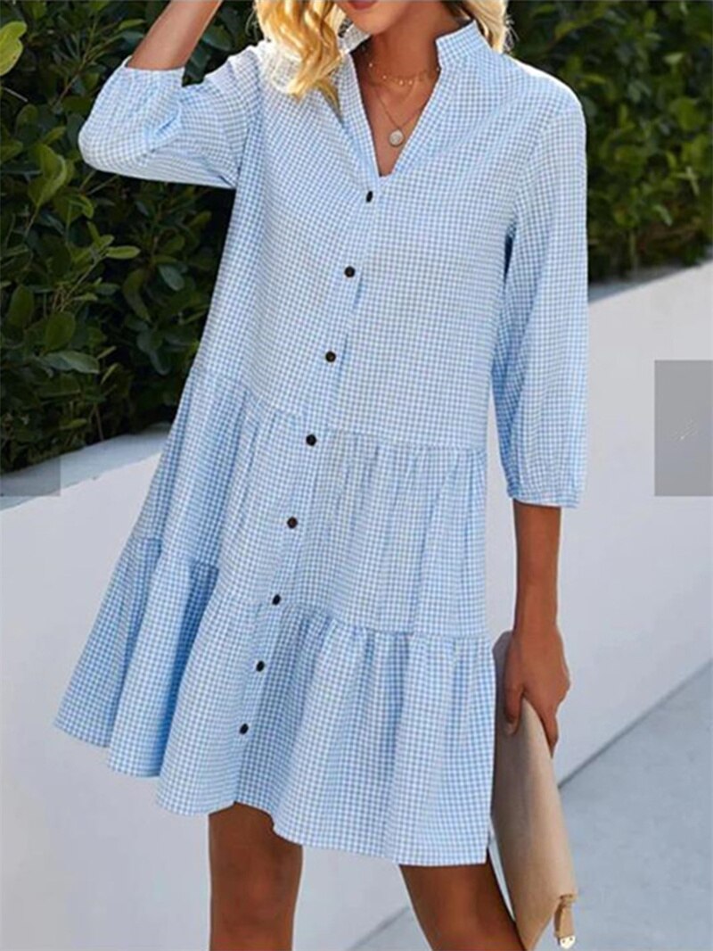 Elegant Commuter Plaid Print Dresses Women Stand-up Collar Single Breasted Cardigan Dressy Female Three Segment Half Sleeve Gown