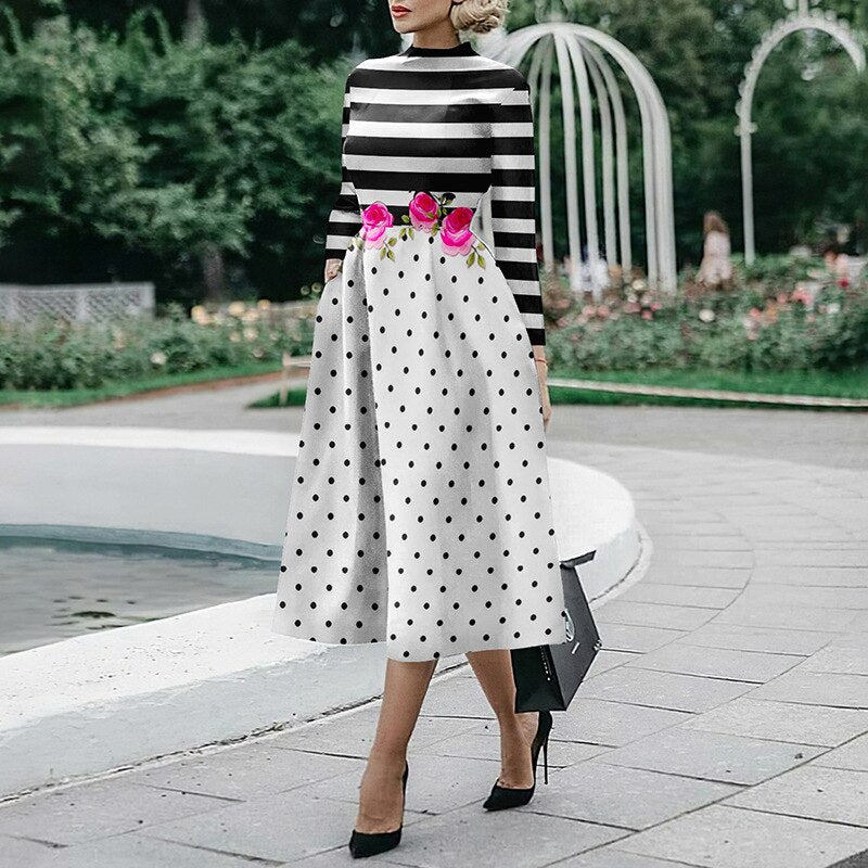 Elegant O Neck Office Midi Dress Fashion Colorful Print Waist Slim Party Dress Women Casual Long Sleeve Pocket Hem Boho Dresses