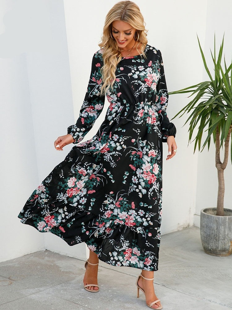 Elegant Floral Print Women Dress Spring Summer Casual O Neck Long Sleeve Chiffon A Line Long Maxi Dress Party Vestidos
