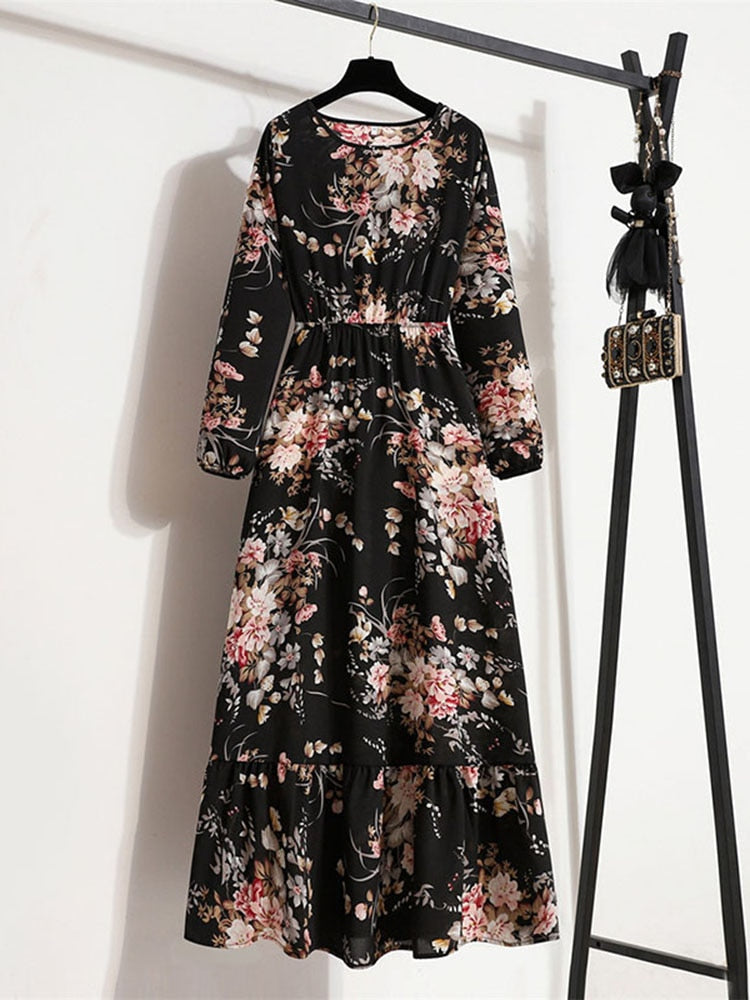 Elegant Floral Print Women Dress Spring Summer Casual O Neck Long Sleeve Chiffon A Line Long Maxi Dress Party Vestidos