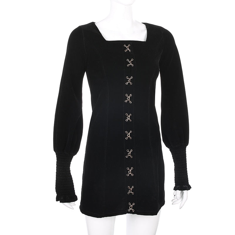 Elegant Fashion Velvet Dress Korean Style Square Collar Long Sleeve Mini Dresses For Women 2023 Autumn Winter Ladies
