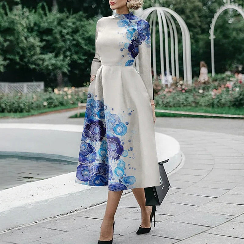 Elegant O Neck Office Midi Dress Fashion Colorful Print Waist Slim Party Dress Women Casual Long Sleeve Pocket Hem Boho Dresses