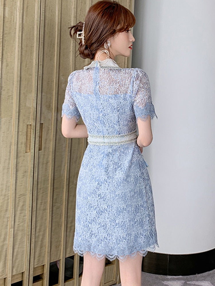 Elegant Dress Women Summer Sheer Lace Floral Short Sleeve Club Mini Gown High Quality Glitter Sequin Ladies Femme Mujer Vestidos