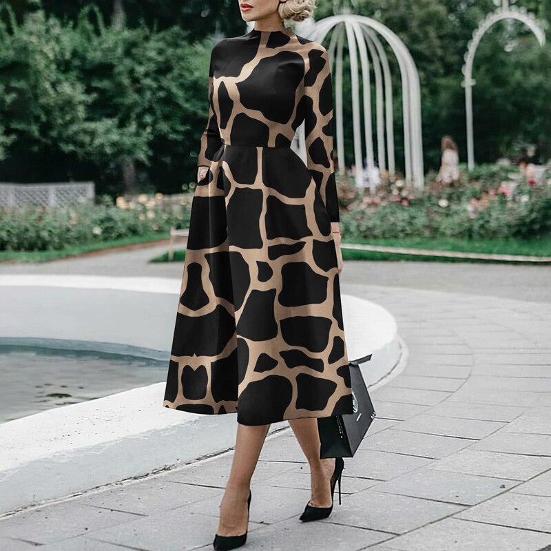 Elegant O Neck Office Midi Dress Fashion Colorful Print Waist Slim Party Dress Women Casual Long Sleeve Pocket Hem Boho Dresses