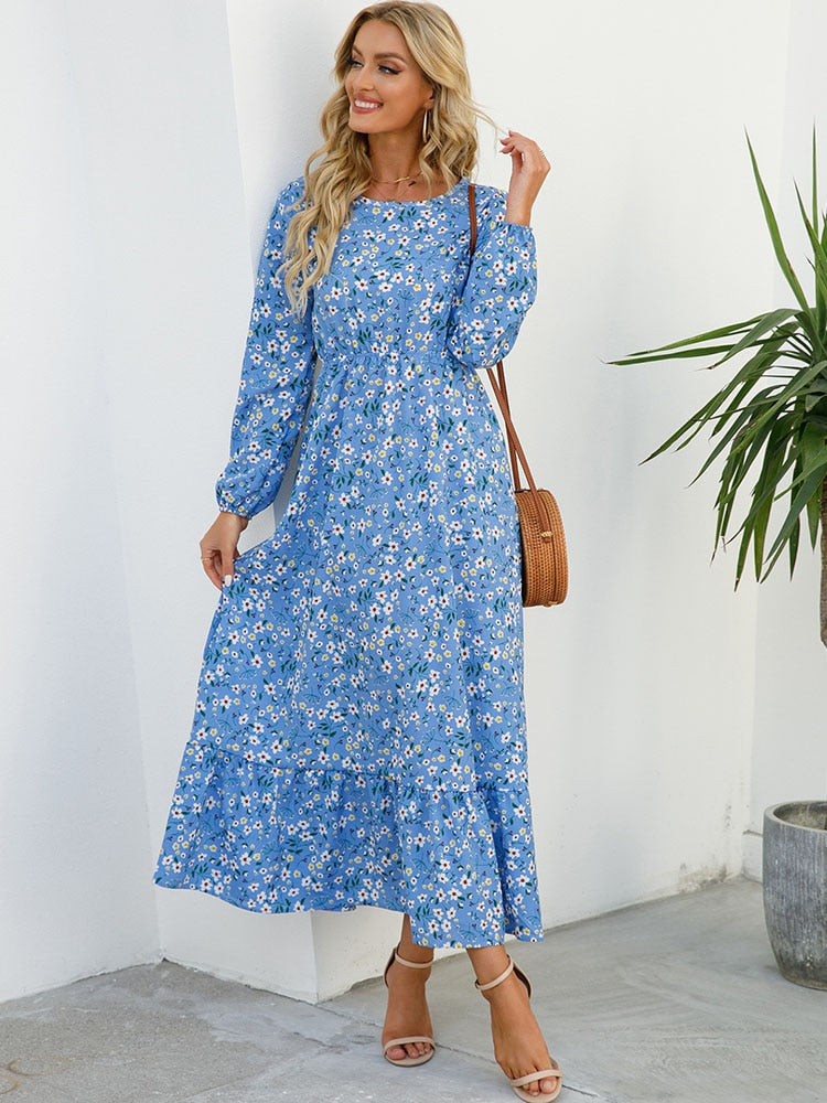 Elegant Floral Print Women Dress Spring Summer Casual O Neck Long Sleeve Chiffon A Line Long Maxi Dress Party Vestidos