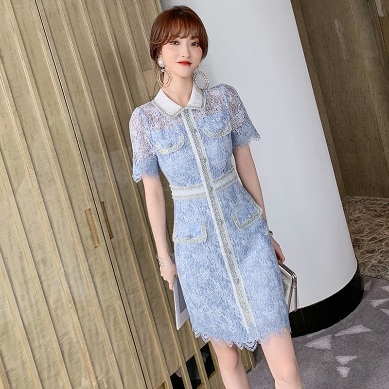 Elegant Dress Women Summer Sheer Lace Floral Short Sleeve Club Mini Gown High Quality Glitter Sequin Ladies Femme Mujer Vestidos