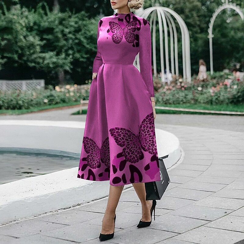 Elegant O Neck Office Midi Dress Fashion Colorful Print Waist Slim Party Dress Women Casual Long Sleeve Pocket Hem Boho Dresses