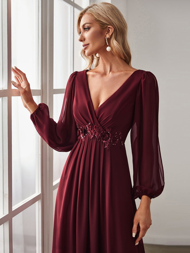 Elegant Evening Dresses Long Lantern Sleeves V-neck 2023 ever pretty of A-LINE Chiffon Burgundy flower beltbelt Prom Dress Women