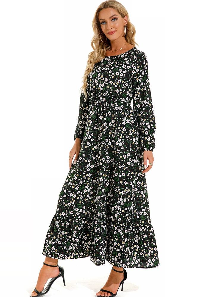 Elegant Floral Print Women Dress Spring Summer Casual O Neck Long Sleeve Chiffon A Line Long Maxi Dress Party Vestidos