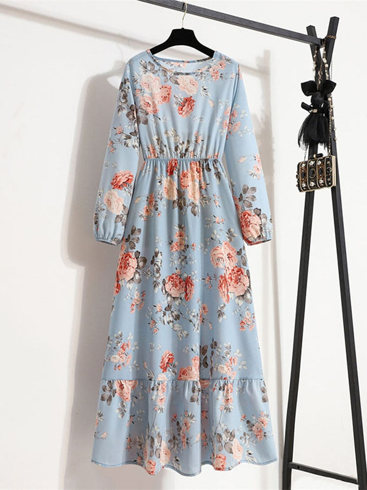 Elegant Floral Print Women Dress Spring Summer Casual O Neck Long Sleeve Chiffon A Line Long Maxi Dress Party Vestidos