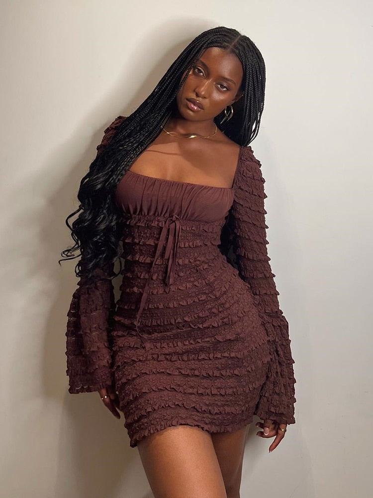 Elegant Multilayer Lace Backless Mini Dress Women Brown Square Collar Long Flare Sleeve Club Party Sexy Dress Autumn